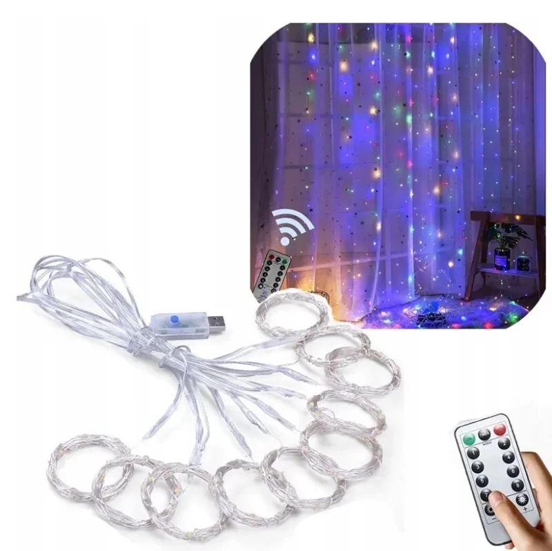 KURTYNA ŚWIETLNA LED DRUCIK USB LAMPKI SOPLE PILOT USB MULTIKOLOR 2X2M