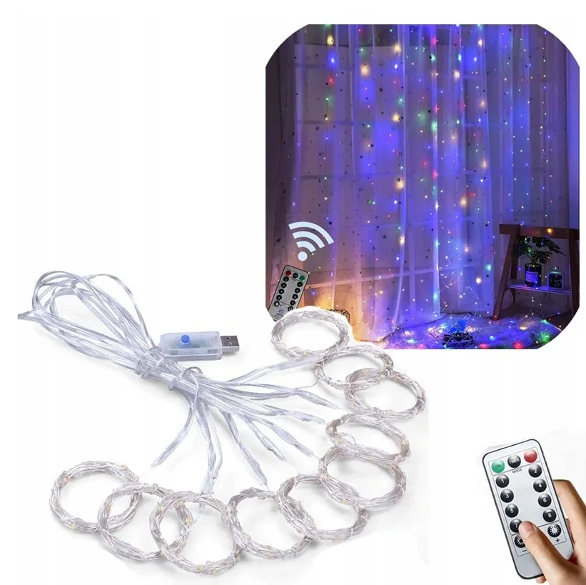 KURTYNA ŚWIETLNA LED DRUCIK USB LAMPKI SOPLE PILOT USB MULTIKOLOR 2X2M