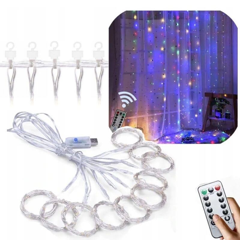 KURTYNA ŚWIETLNA LED DRUCIK LAMPKI SOPLE PILOT USB MULTIKOLOR 3X3M + HACZYKI