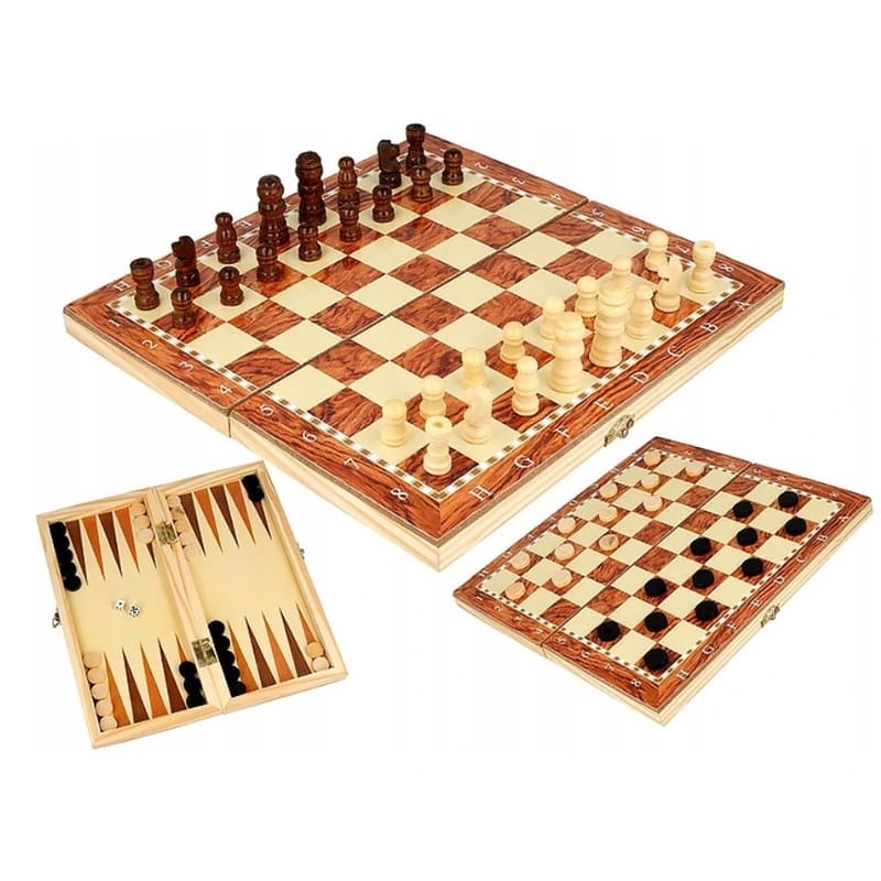 SZACHY 3W1 WARCABY TRYKTRAK DREWANIANE 24X24 CM