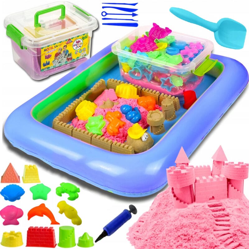 PIASEK KINETYCZNY PIASKOWNICA BASEN FOREMKI ŁOPATKA AKCESORIA ZESTAW 18 FOREMEK 3KG