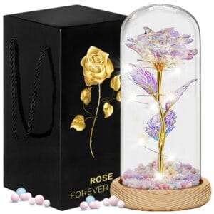 WIECZNA RÓŻA OZDOBA ŚWIECĄCA LED PREZENT DREWNIANA PODSTAWA