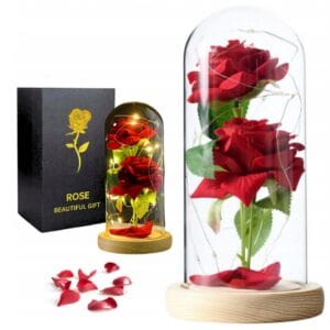 WIECZNA RÓŻA OZDOBA ŚWIECĄCA LED PREZENT SZKLANA KOPUŁA DREWNIANA PODSTAWA 2 RÓŻE