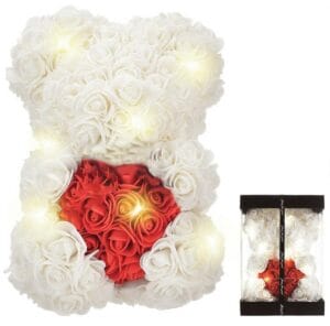 MIŚ Z RÓŻ Z SERCEM 25CM BIAŁO-CZERWONY LED