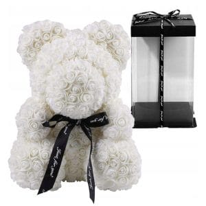MIŚ Z RÓŻ KWIATÓW BIAŁY ROSE TEDDY OZDOBA + BOX 25CM