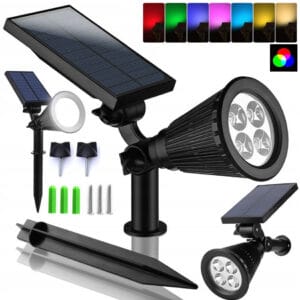 LAMPA SOLARNA LED RGB WBIJANA OGRODOWA CZUJNIK ZMIERZCHU DO OGRODU REFLEKTOR