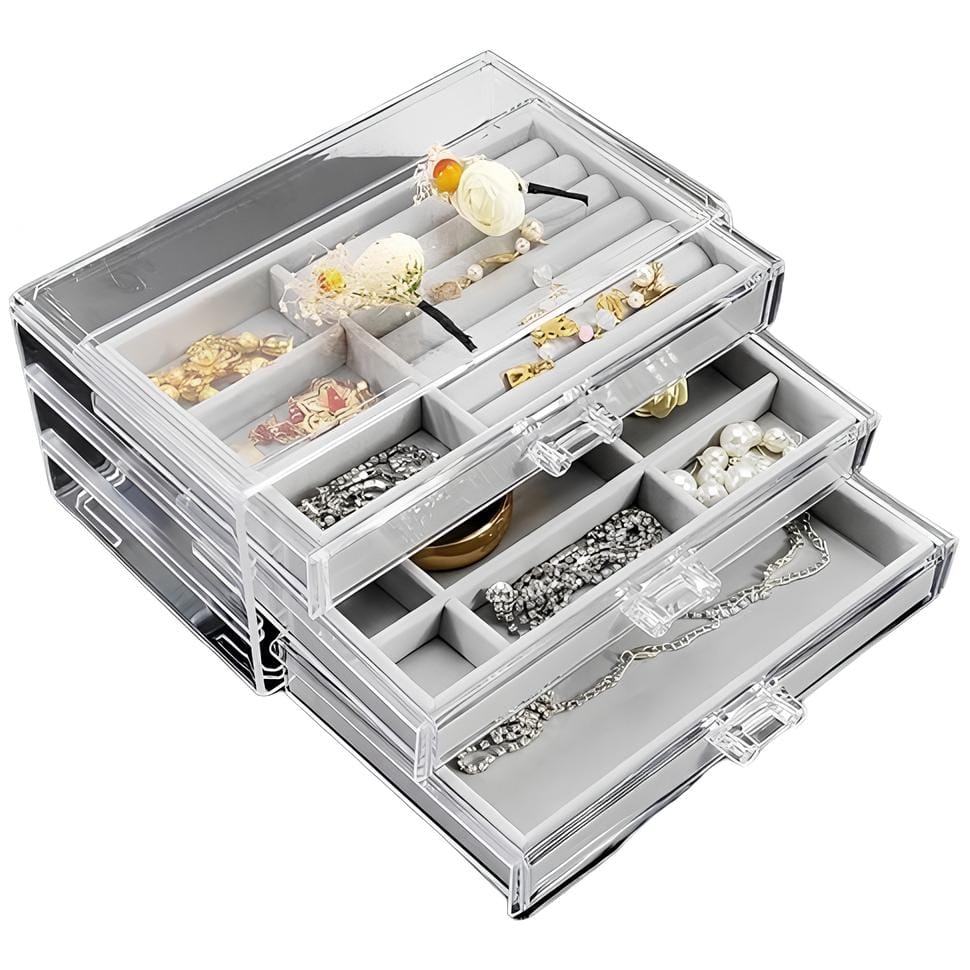 PUDEŁKO ORGANIZER KASETKA NA BIŻUTERIĘ ZEGARKI KOLCZYKI AKRYLOWY 3 SZUFLADY