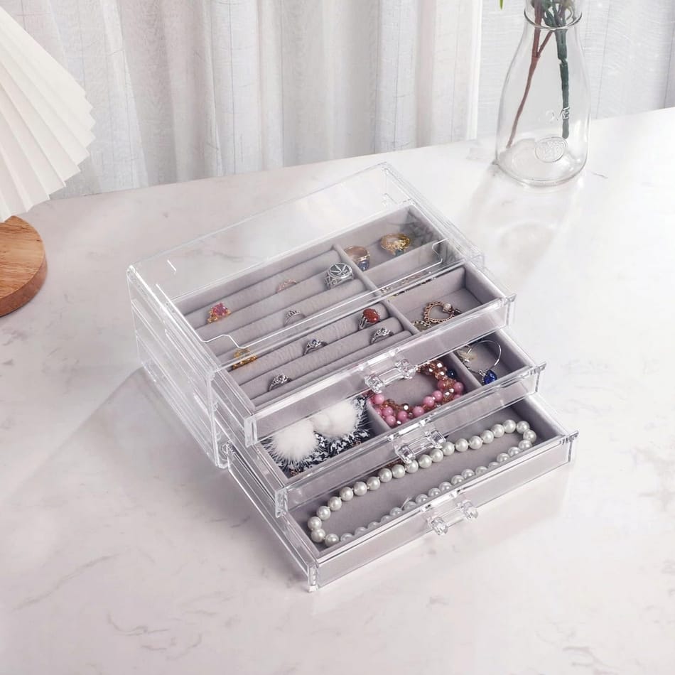 PUDEŁKO ORGANIZER KASETKA NA BIŻUTERIĘ ZEGARKI KOLCZYKI AKRYLOWY 3 SZUFLADY - obrazek 2