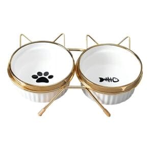ZESTAW 2x300ml MISKA DLA KOTA PSA NA STOJAKU CERAMICZNA BIAŁO ZŁOTA