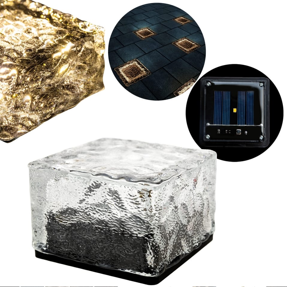 LAMPA OGRODOWA SOLARNA LED NAJAZDOWA KOSTKA LODU BRUKOWA SZEŚCIAN BIAŁY CIEPŁY SZKŁO PREMIUM 7X7CM