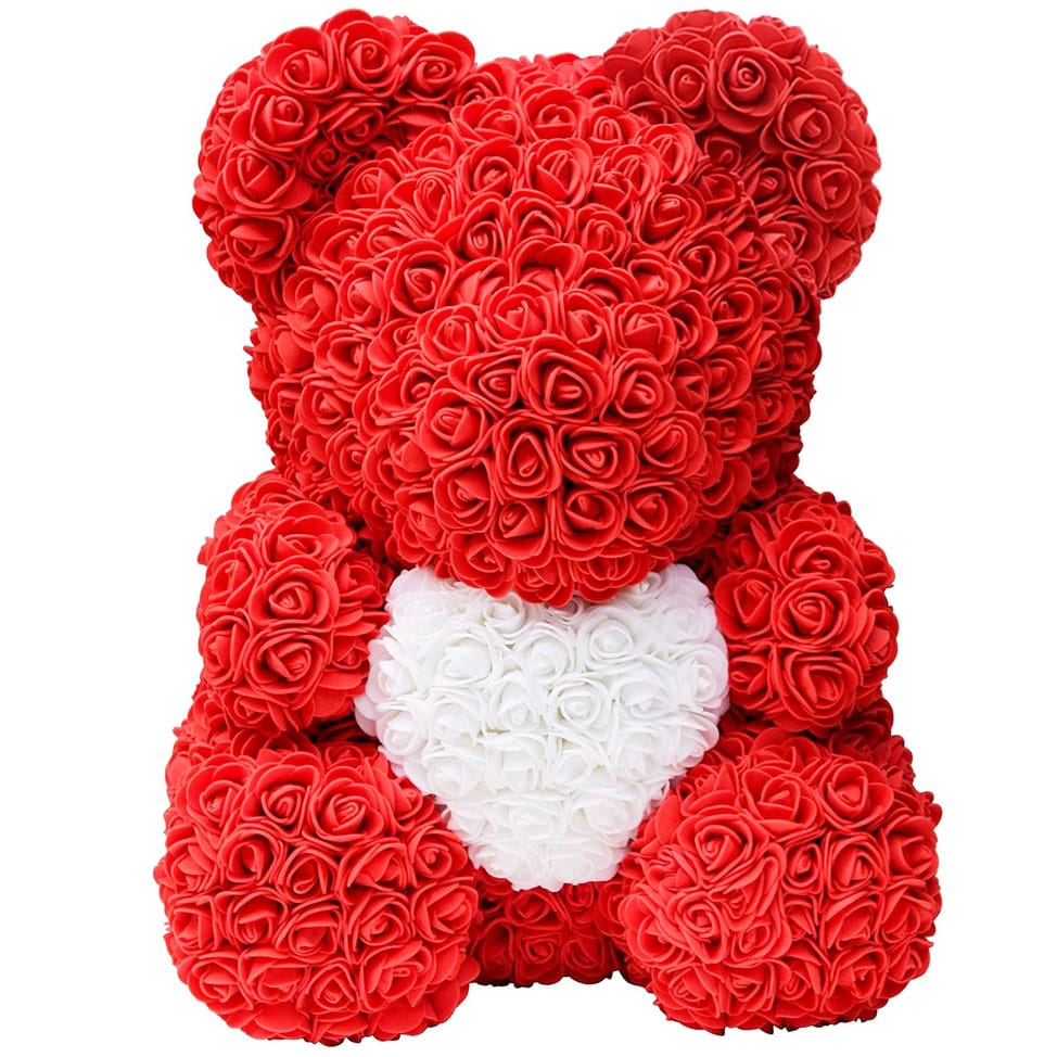 MIŚ Z RÓŻ KWIATÓW Z SERCEM LED SERCE OZDOBA PREZENT WALENTYNKI ROSE TEDDY + BOX 25CM - obrazek 2