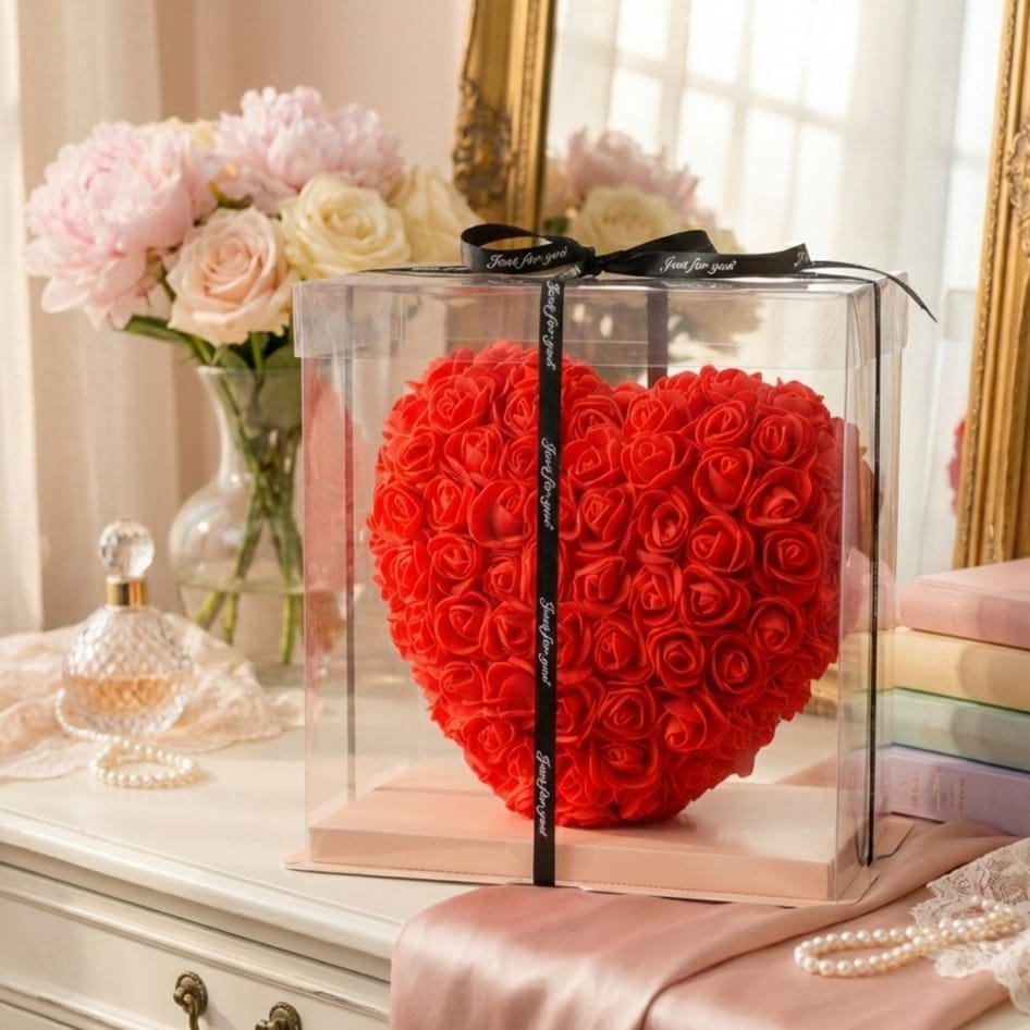 CZERWONE SERCE Z RÓŻ KWIATÓW OZDOBA UPOMINEK PREZENT WALENTYNKI ROSE HEART + BOX 25CM - obrazek 7