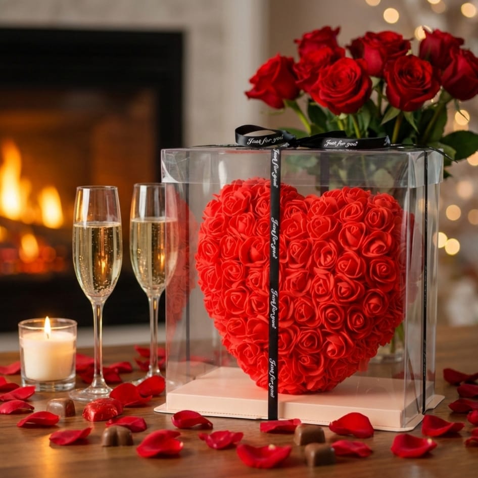 CZERWONE SERCE Z RÓŻ KWIATÓW OZDOBA UPOMINEK PREZENT WALENTYNKI ROSE HEART + BOX 25CM - obrazek 8