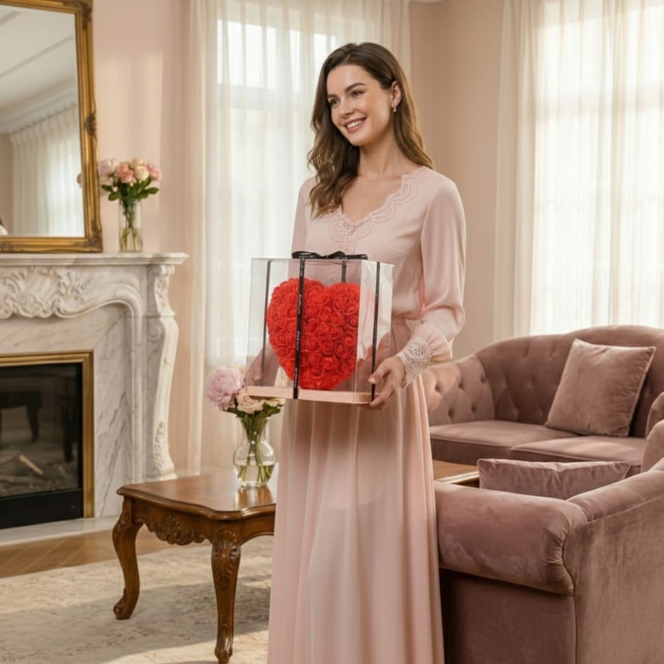 CZERWONE SERCE Z RÓŻ KWIATÓW OZDOBA UPOMINEK PREZENT WALENTYNKI ROSE HEART + BOX 25CM - obrazek 10