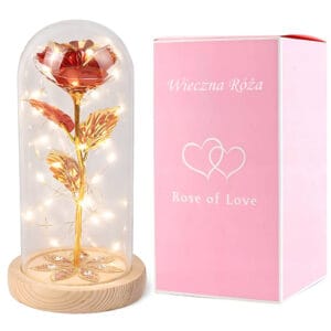 WIECZNA RÓŻA OZDOBA ŚWIECĄCA LED PREZENT DREWNIANA PODSTAWA