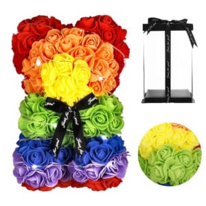 MIŚ Z RÓŻ KWIATÓW LED TĘCZOWY OZDOBA PREZENT WALENTYNKI ROSE TEDDY + BOX 25CM