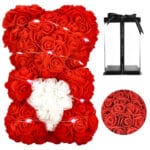 MIŚ Z RÓŻ KWIATÓW Z SERCEM LED SERCE OZDOBA PREZENT WALENTYNKI ROSE TEDDY + BOX 25CM