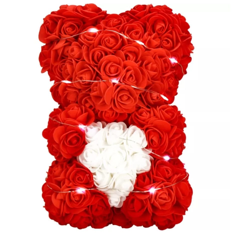 MIŚ Z RÓŻ KWIATÓW Z SERCEM LED SERCE OZDOBA PREZENT WALENTYNKI ROSE TEDDY + BOX 25CM - obrazek 6