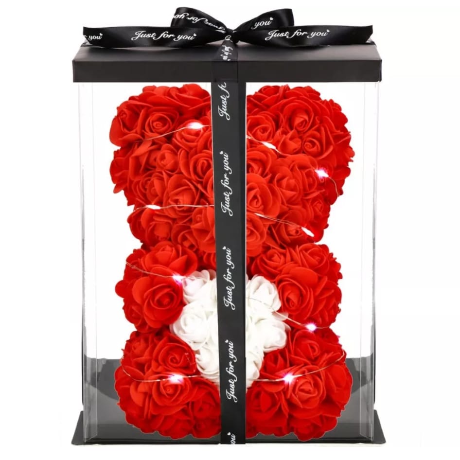 MIŚ Z RÓŻ KWIATÓW Z SERCEM LED SERCE OZDOBA PREZENT WALENTYNKI ROSE TEDDY + BOX 25CM - obrazek 7