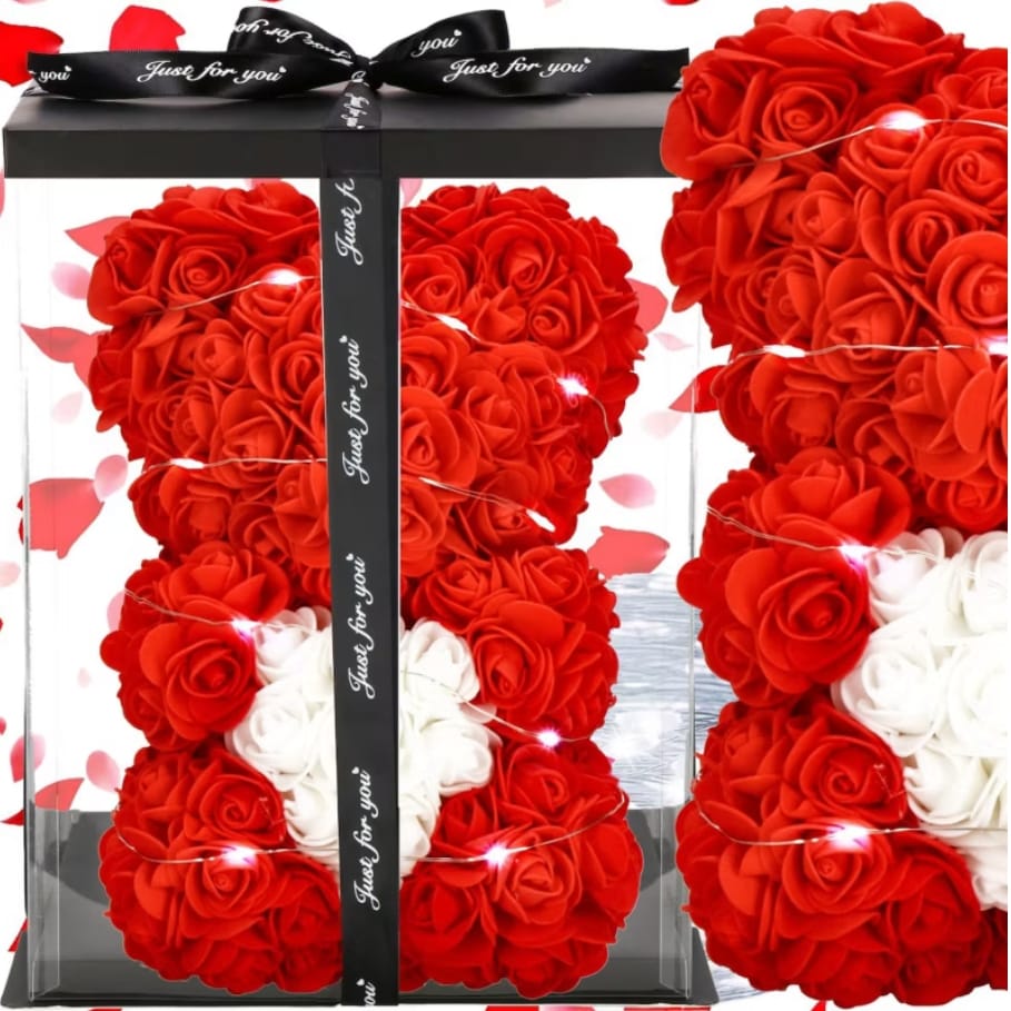 MIŚ Z RÓŻ KWIATÓW Z SERCEM LED SERCE OZDOBA PREZENT WALENTYNKI ROSE TEDDY + BOX 25CM - obrazek 8