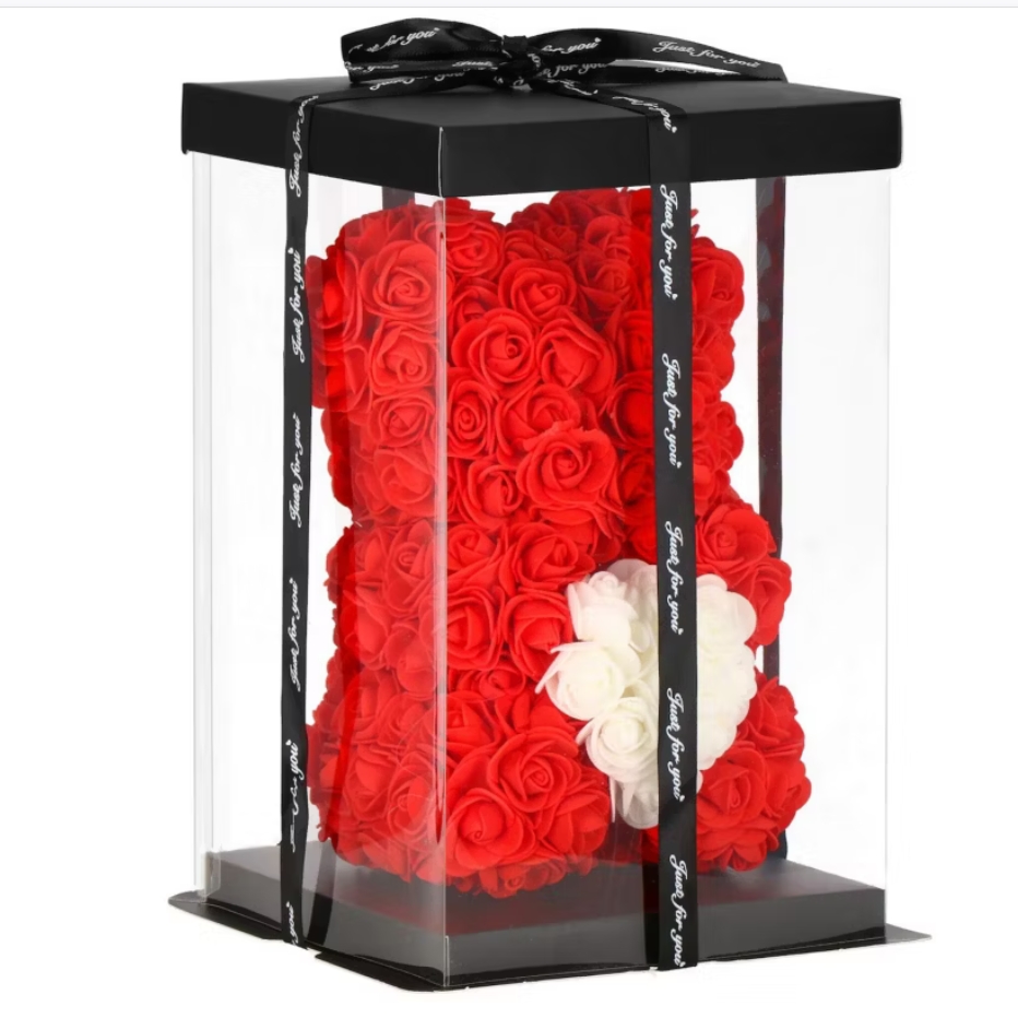 MIŚ Z RÓŻ KWIATÓW Z SERCEM LED SERCE OZDOBA PREZENT WALENTYNKI ROSE TEDDY + BOX 25CM - obrazek 9