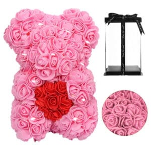 MIŚ Z RÓŻ KWIATÓW Z SERCEM LED SERCE OZDOBA PREZENT WALENTYNKI ROSE TEDDY + BOX 25CM