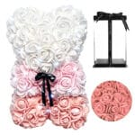 MIŚ Z RÓŻ KWIATÓW Z SERCEM LED SERCE OZDOBA PREZENT WALENTYNKI ROSE TEDDY + BOX 25CM