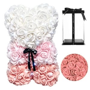 MIŚ Z RÓŻ KWIATÓW Z SERCEM LED SERCE OZDOBA PREZENT WALENTYNKI ROSE TEDDY + BOX 25CM