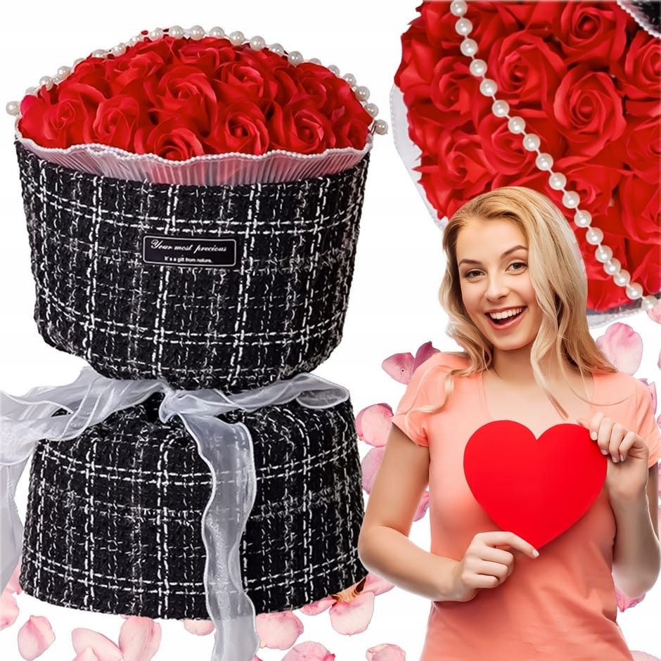 RÓŻE MYDLANE BUKIET OZDOBA PREZENT NA WALENTYNKI DZIEŃ KOBIET FLOWERBOX 30CM