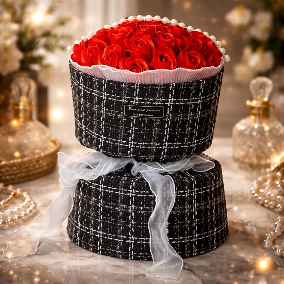 RÓŻE MYDLANE BUKIET OZDOBA PREZENT NA WALENTYNKI DZIEŃ KOBIET FLOWERBOX 30CM - obrazek 4
