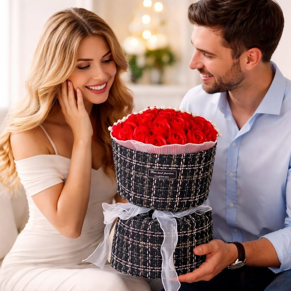 RÓŻE MYDLANE BUKIET OZDOBA PREZENT NA WALENTYNKI DZIEŃ KOBIET FLOWERBOX 30CM - obrazek 5
