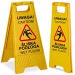 TABLICA OSTRZEGAWCZA DWUSTRONNA ŻÓŁTA POTYKACZ UWAGA ŚLISKA PODŁOGA