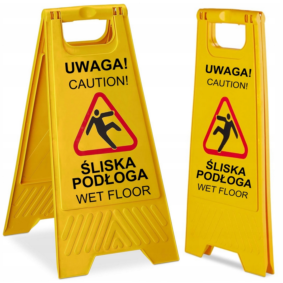 TABLICA OSTRZEGAWCZA DWUSTRONNA ŻÓŁTA POTYKACZ UWAGA ŚLISKA PODŁOGA