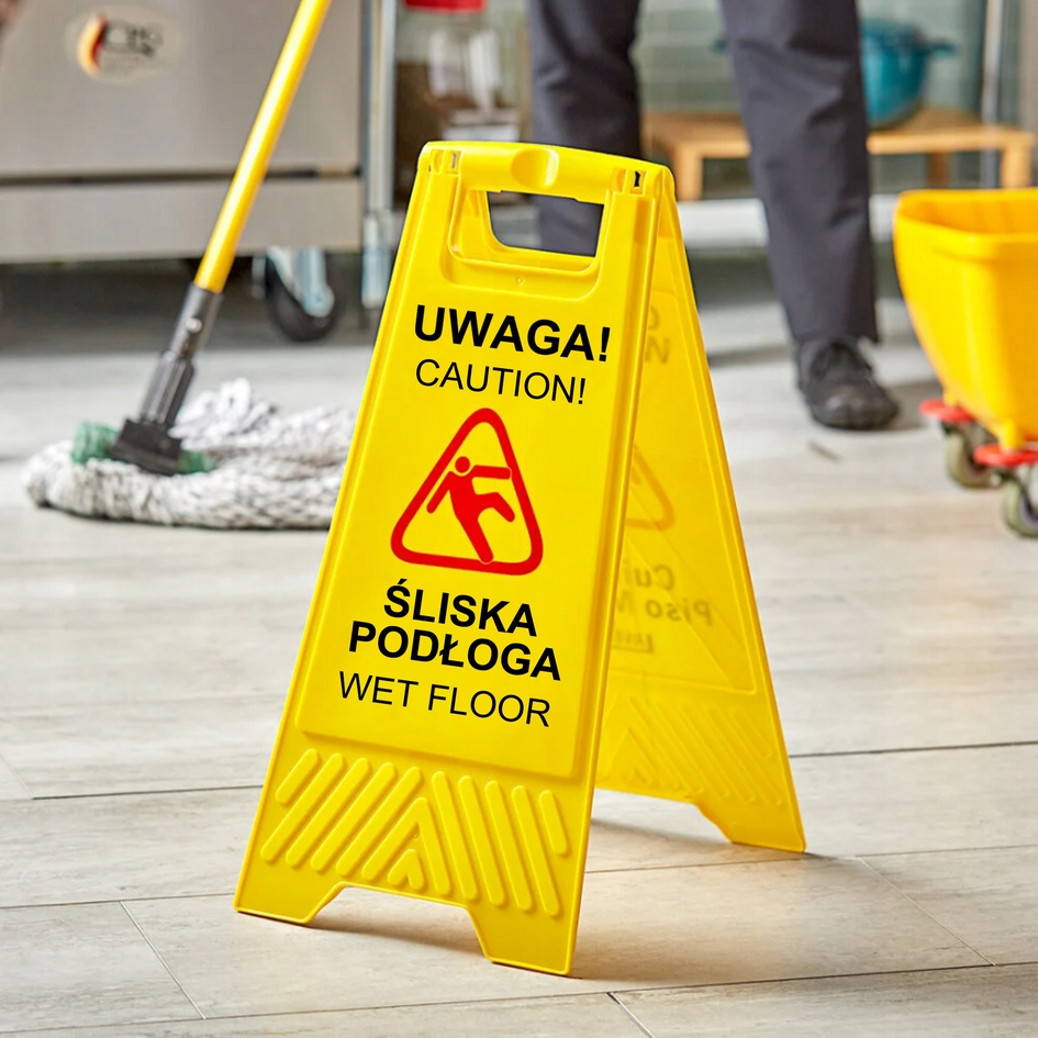 TABLICA OSTRZEGAWCZA DWUSTRONNA ŻÓŁTA POTYKACZ UWAGA ŚLISKA PODŁOGA - obrazek 4