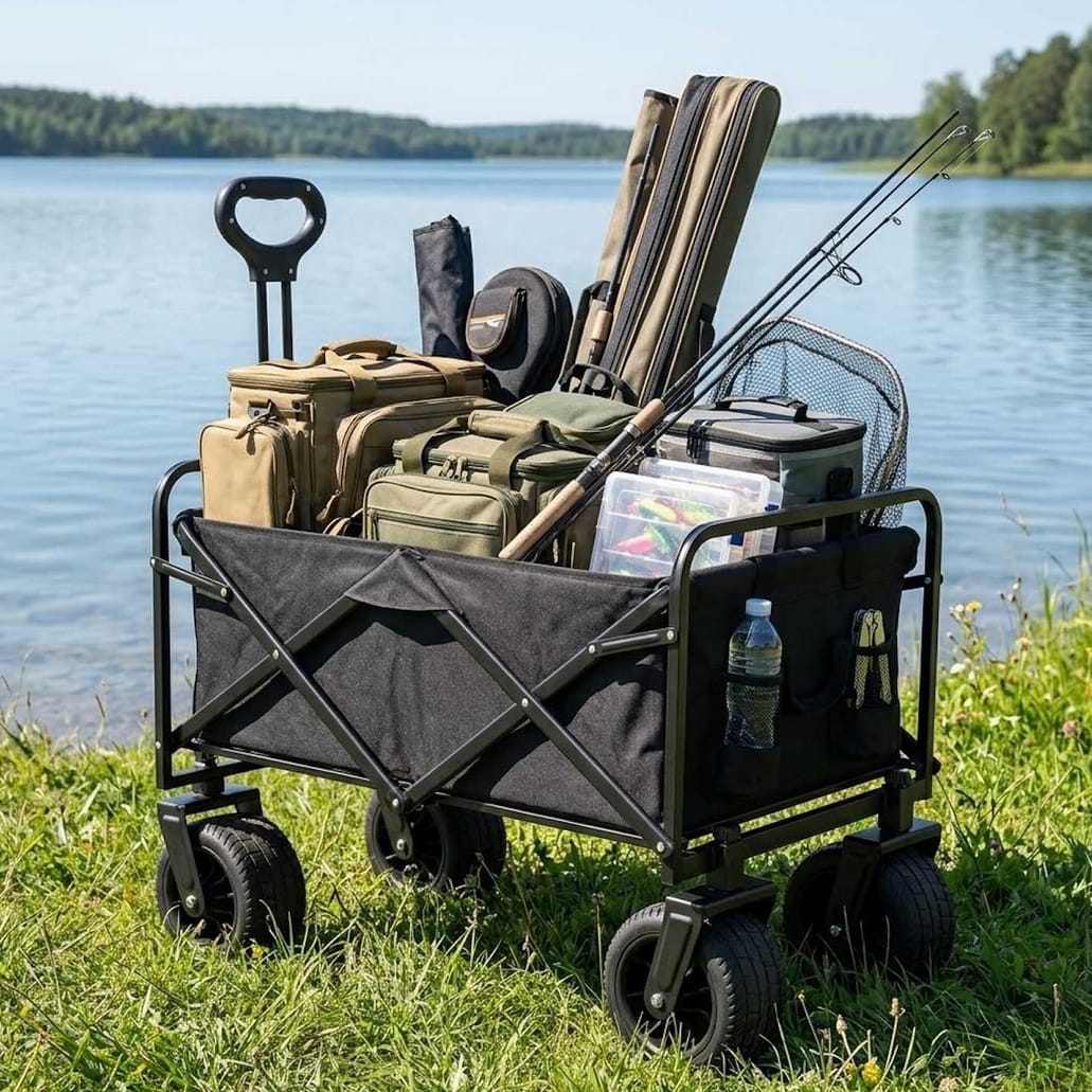 WÓZEK TRANSPORTOWY PLAŻOWY WĘDKARSKI SKŁADANY NA KÓŁKACH ZAKUPY RYBY 120L - obrazek 3