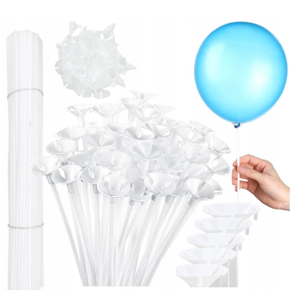 PATYCZKI DO BALONÓW PATYKI NA BALONY Z KOSZYCZKAMI BIAŁE DŁUGIE 40CM 100SZT