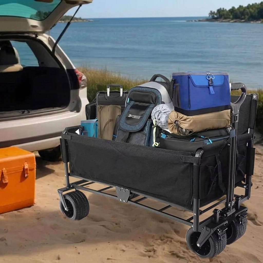 WÓZEK TRANSPORTOWY PLAŻOWY WĘDKARSKI SKŁADANY NA KÓŁKACH ZAKUPY RYBY 120L - obrazek 5
