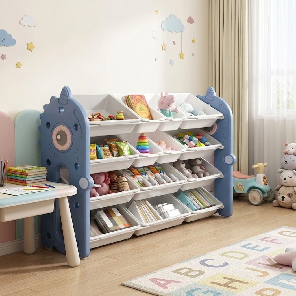 REGAŁ NA ZABAWKI KSIĄŻKI ORGANIZER POJEMNIK DOMEK DZIECIĘCY DLA DZIECKA WIELOPOZIOMOWY ZESTAW 105CM - obrazek 2